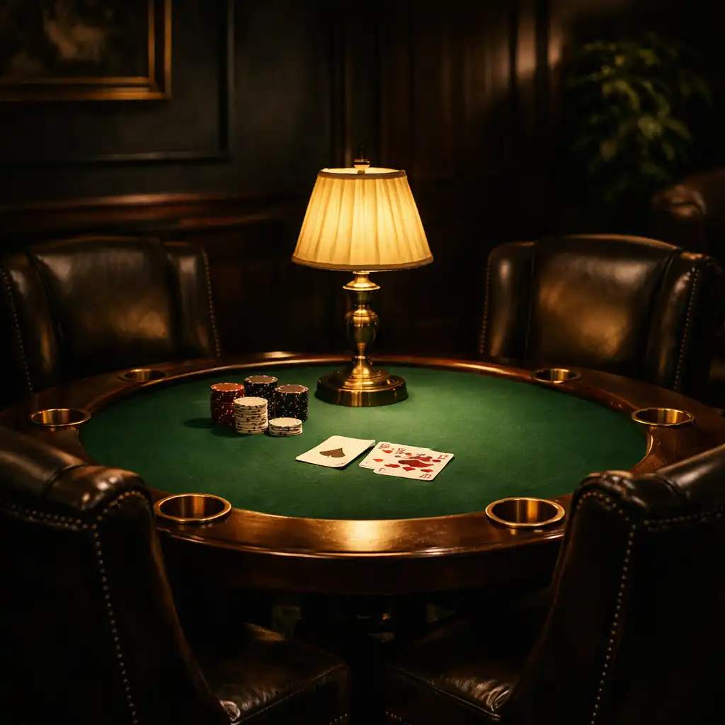 Warm card lounge with burgundy leather sofas and soft table lamps
