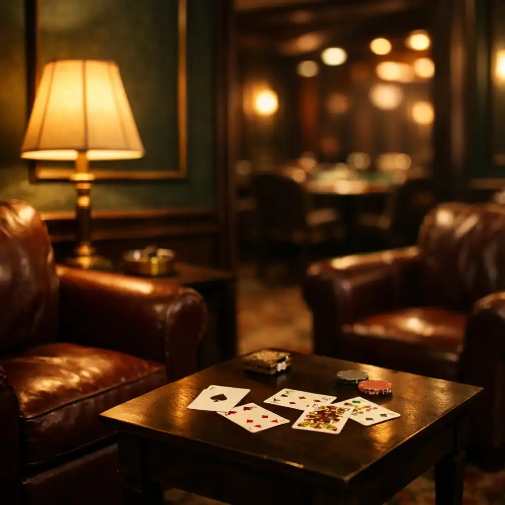 A warm card lounge at night with burgundy leather armchairs, small side tables, and soft floor-lamp lighting.
