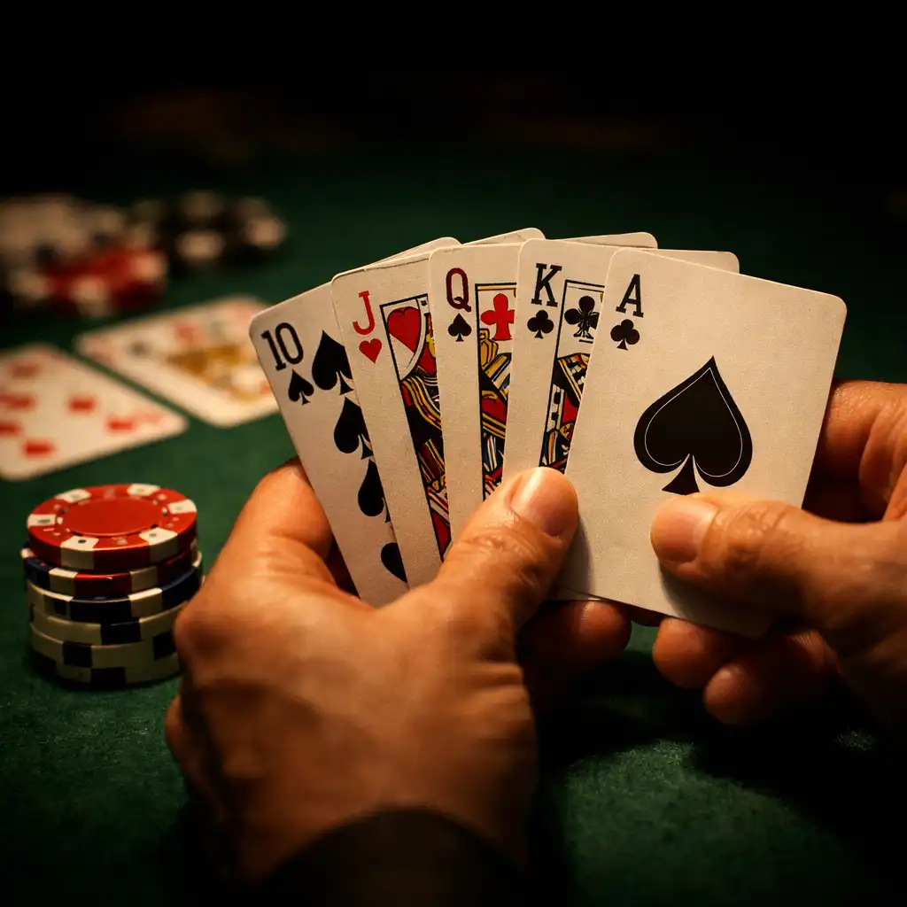Close-up of a player holding a fan of cards with chips on the green felt