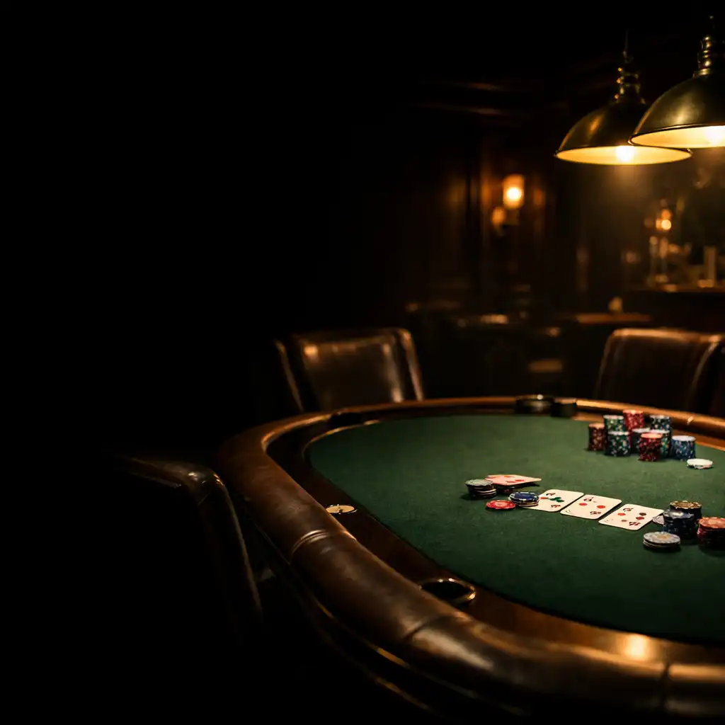 Cinematic poker table in a dark, moody room with green felt and warm brass lighting