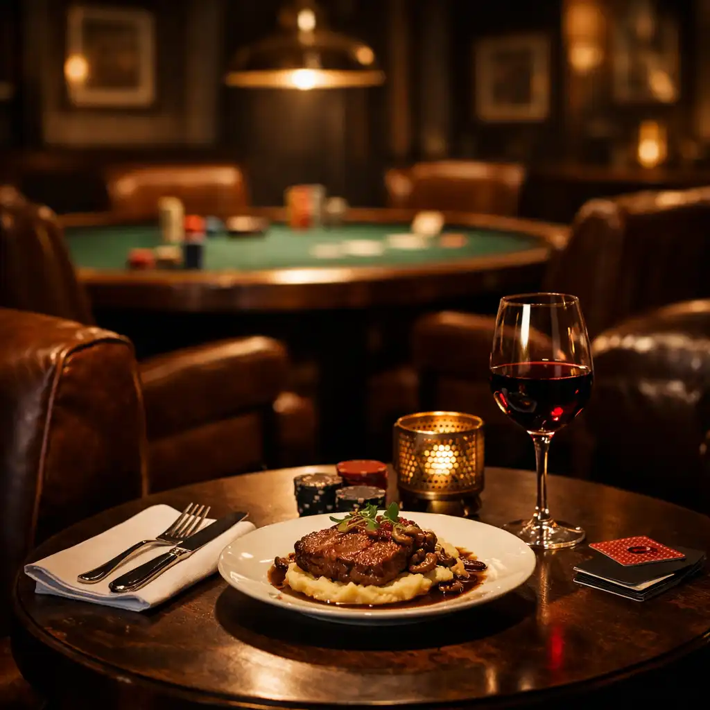 Card lounge interior with low seating and a table set with food and wine