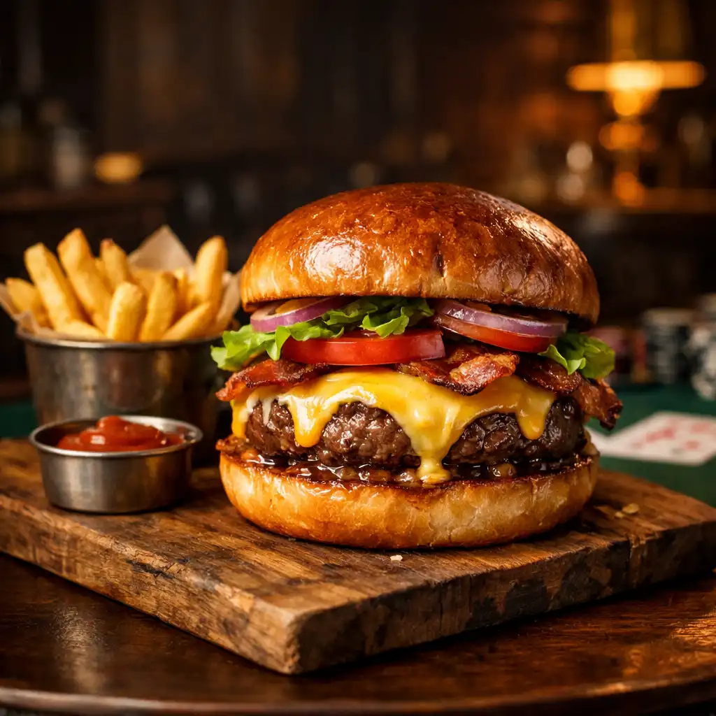 Gourmet burger with melted cheese and fries on a wooden board