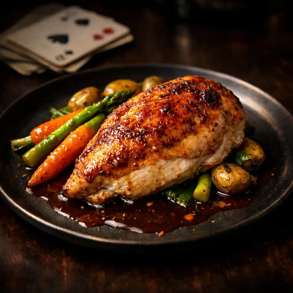Roasted chicken breast with crispy skin and seasonal vegetables