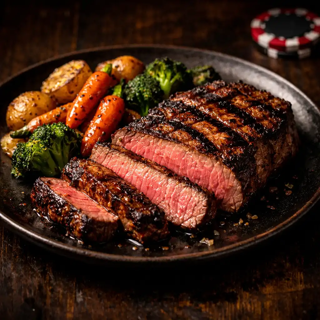 Sliced grilled steak with roasted vegetables on a dark plate