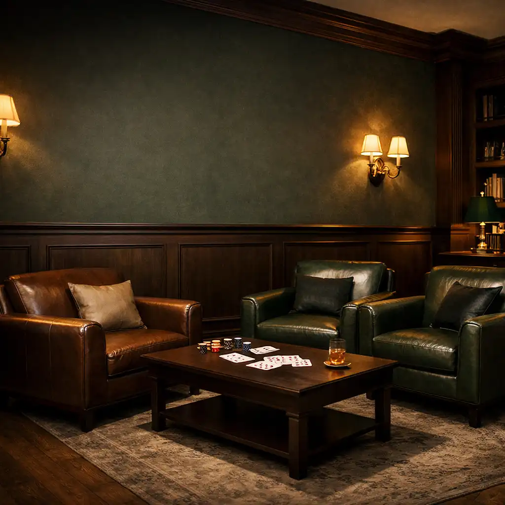 Card lounge interior with leather armchairs and a low table