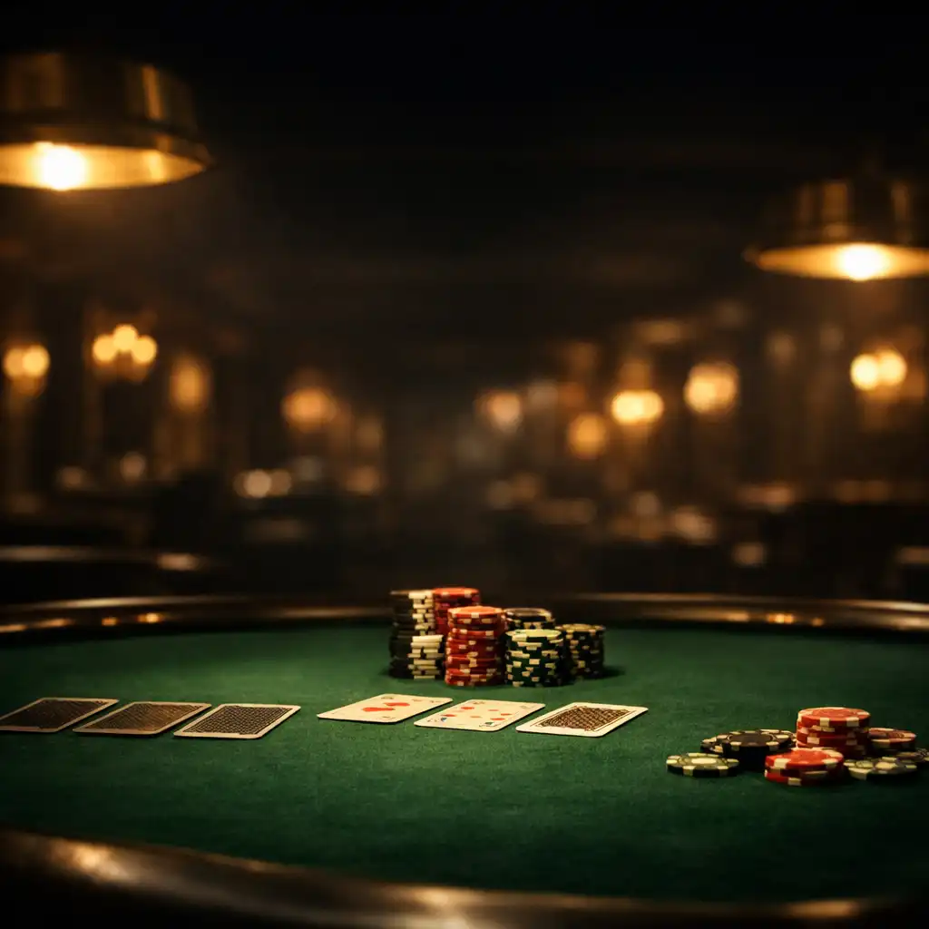 Professional poker table with cards and chips under warm brass lighting
