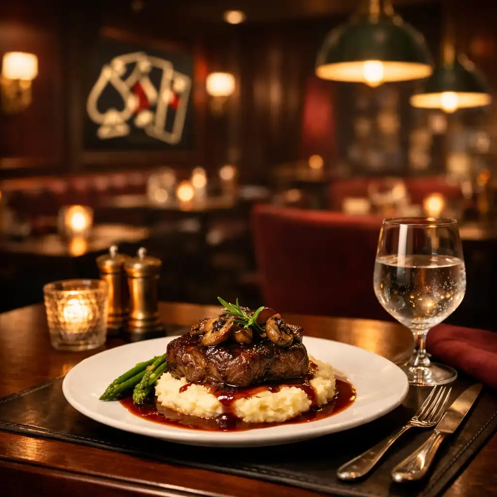 Restaurant table with a plated dish under warm pendant lighting