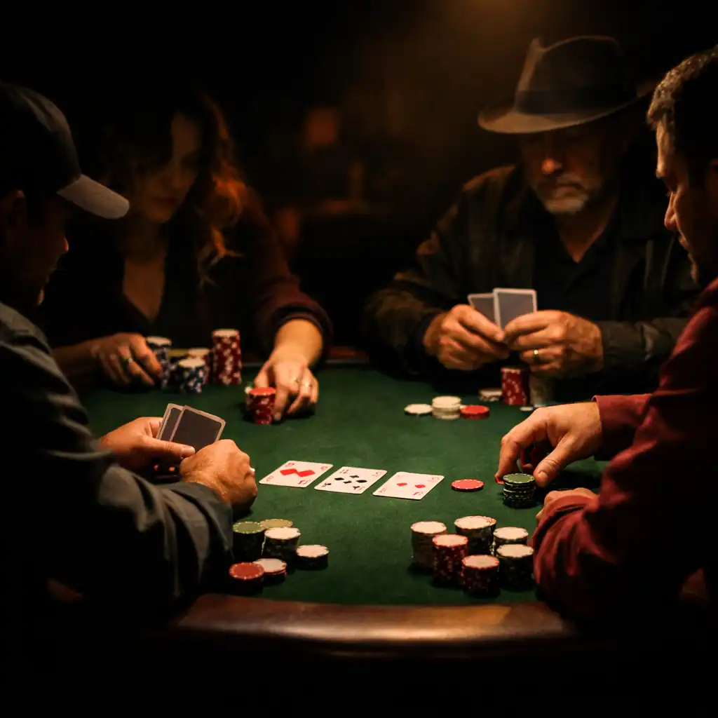 Players seated around a poker table in a dimly lit room
