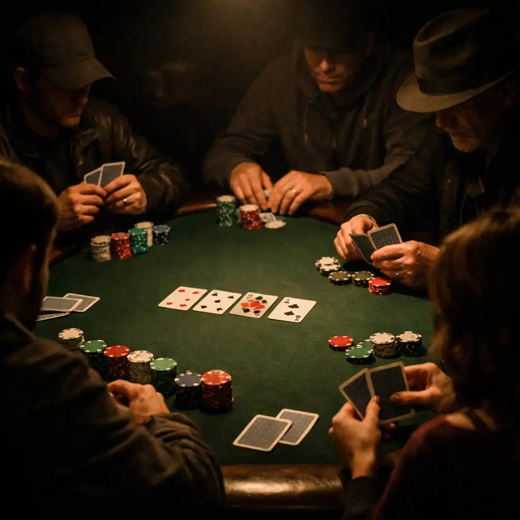 Poker game in progress with four players focused on their cards under warm overhead lighting