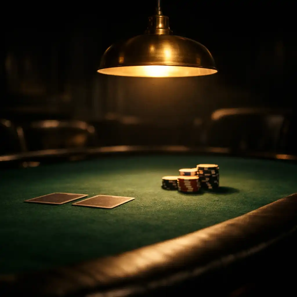 A cinematic poker table at night under a warm brass lamp, with cards and chips on deep green felt.