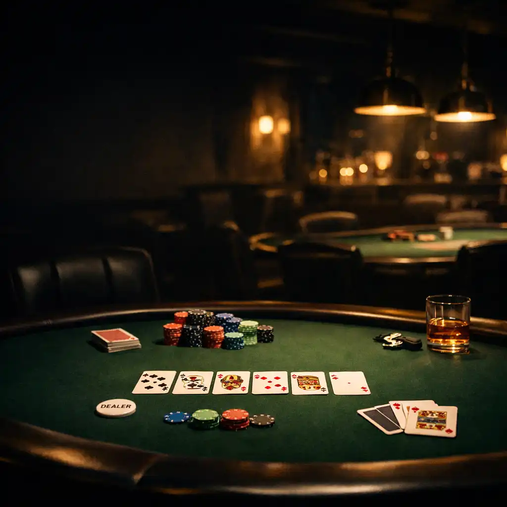 Cinematic view of the dedicated poker room at Poker Parlour Wattle with a deep forest felt table under warm brass lighting