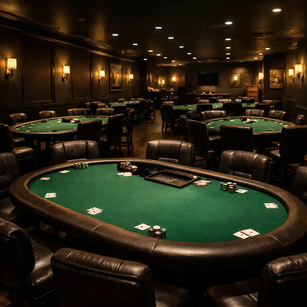 Wide interior view of the dedicated poker room with multiple tables and warm brass sconces