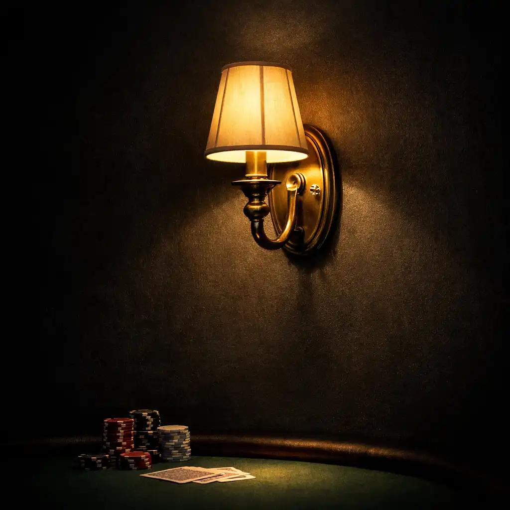 Brass wall sconce casting a warm pool of light on a charcoal wall in the dark poker room