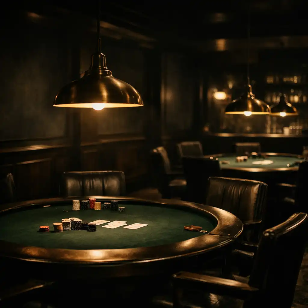 A dimly lit poker room at night with round tables, green felt, and low brass lamps creating warm pools of light.