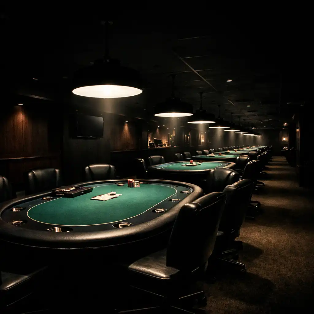 Wide-angle view of a dedicated poker room with multiple oval tables under dramatic pools of light