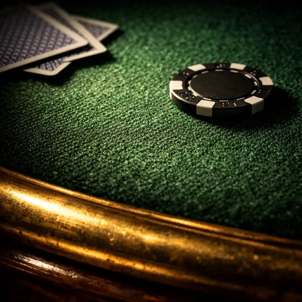 Extreme close-up of a poker table surface showing green felt texture and a brass rail