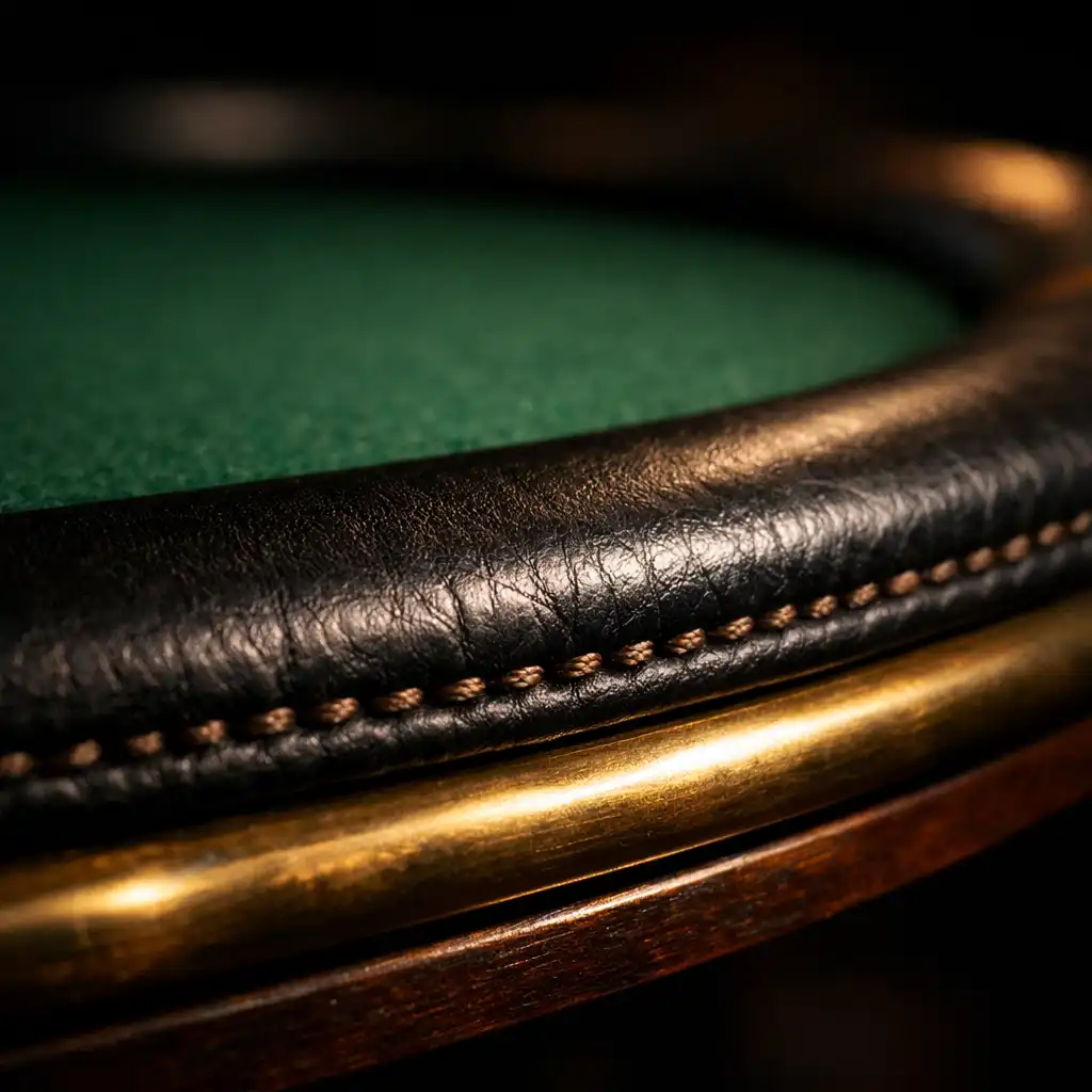 Close-up of a premium poker table edge showing smooth forest green felt, brass railing, and a player's hand near a stack of chips