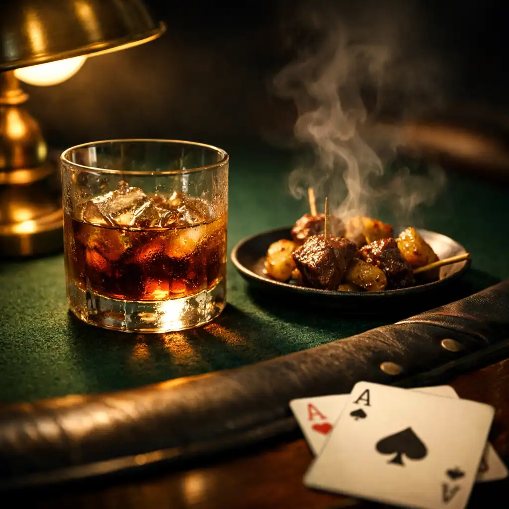 Close-up of a poker table edge with a glass of dark liquor and a small plate of food on deep green felt