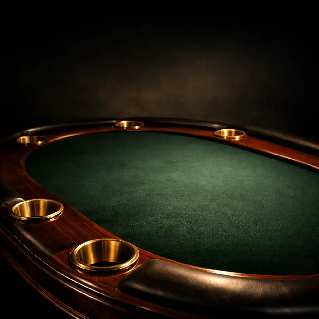 Premium oval poker table with deep forest green felt and antique brass cup holders in a dark, moody room