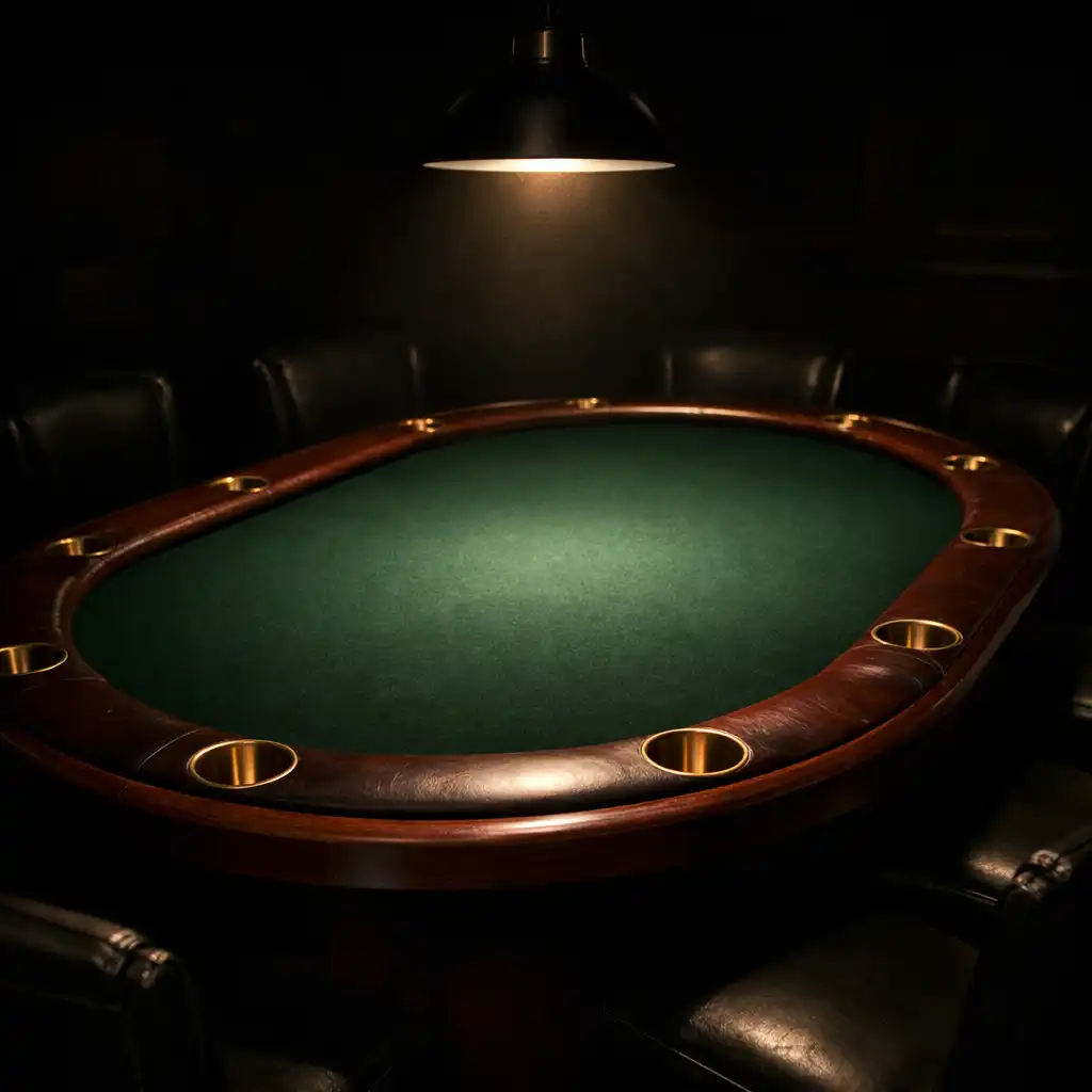 Classic oval poker table with wooden rail and brass cup holders under a pendant light