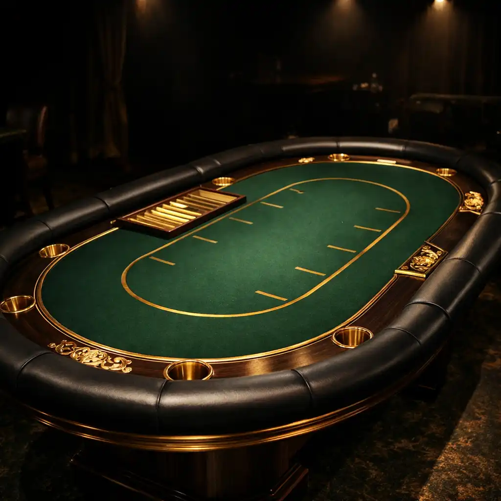 Premium poker table with extra padding and custom brass inlays under focused spotlights