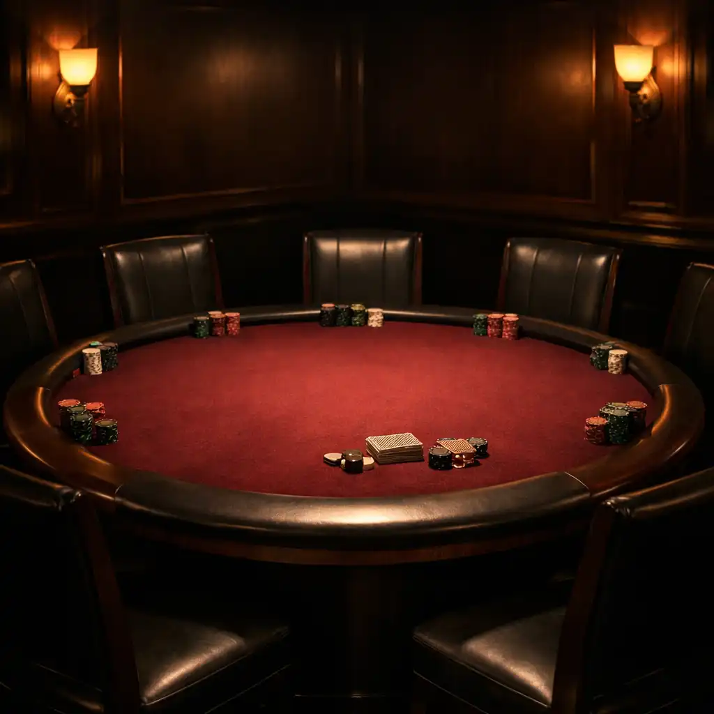 Round poker table with burgundy felt surrounded by high-back chairs in warm accent lighting