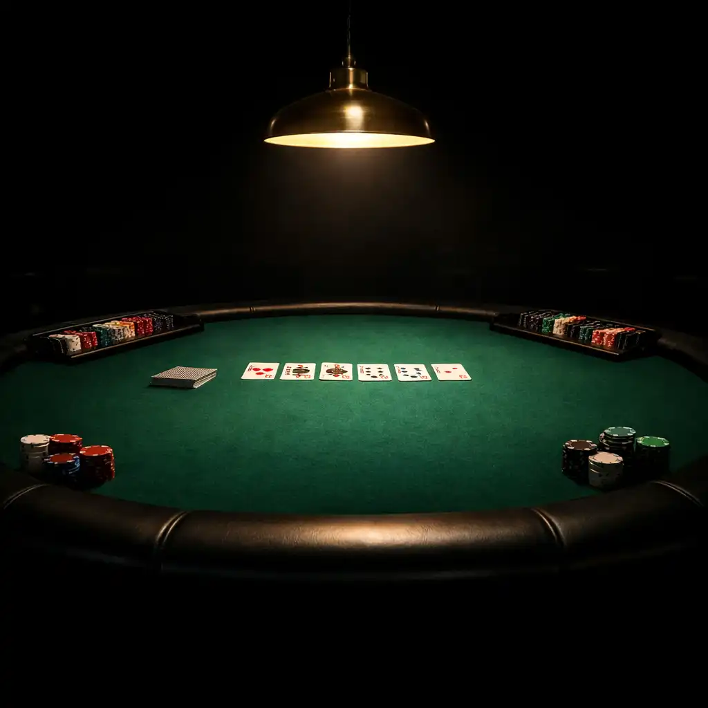 Low-angle view of a full poker table with green felt, spread cards, and chip trays under a single brass lamp
