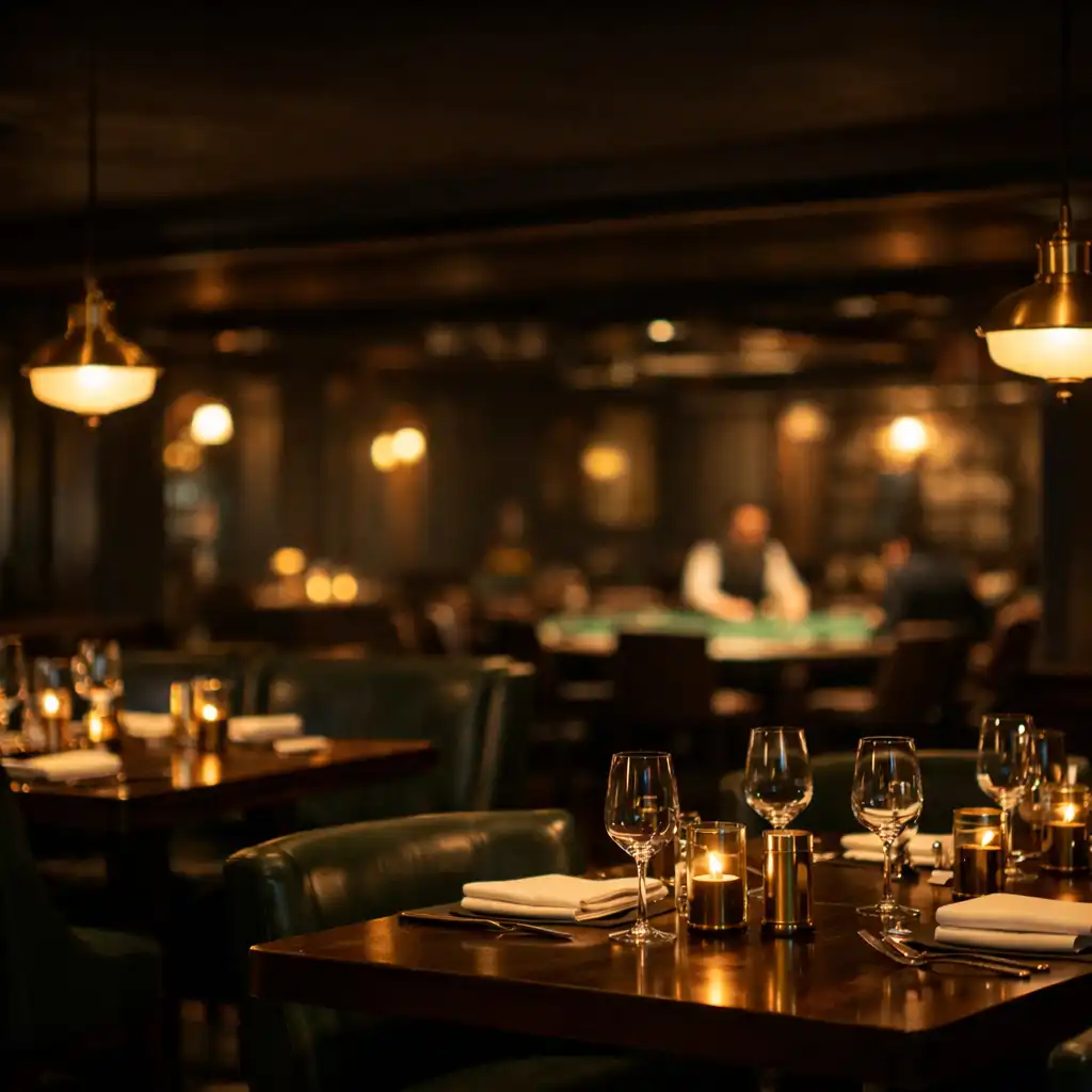 Warm, low-lit dining room at Poker Parlour Wattle with dark wood tables, brass accents, and a glimpse of a poker table in the background