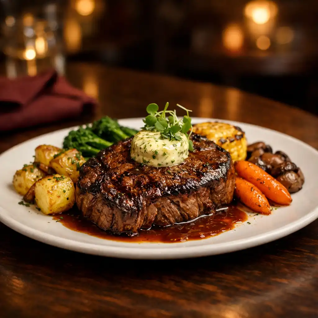 Plated hearty Australian dish on a dark wooden table in the warm, low-lit restaurant