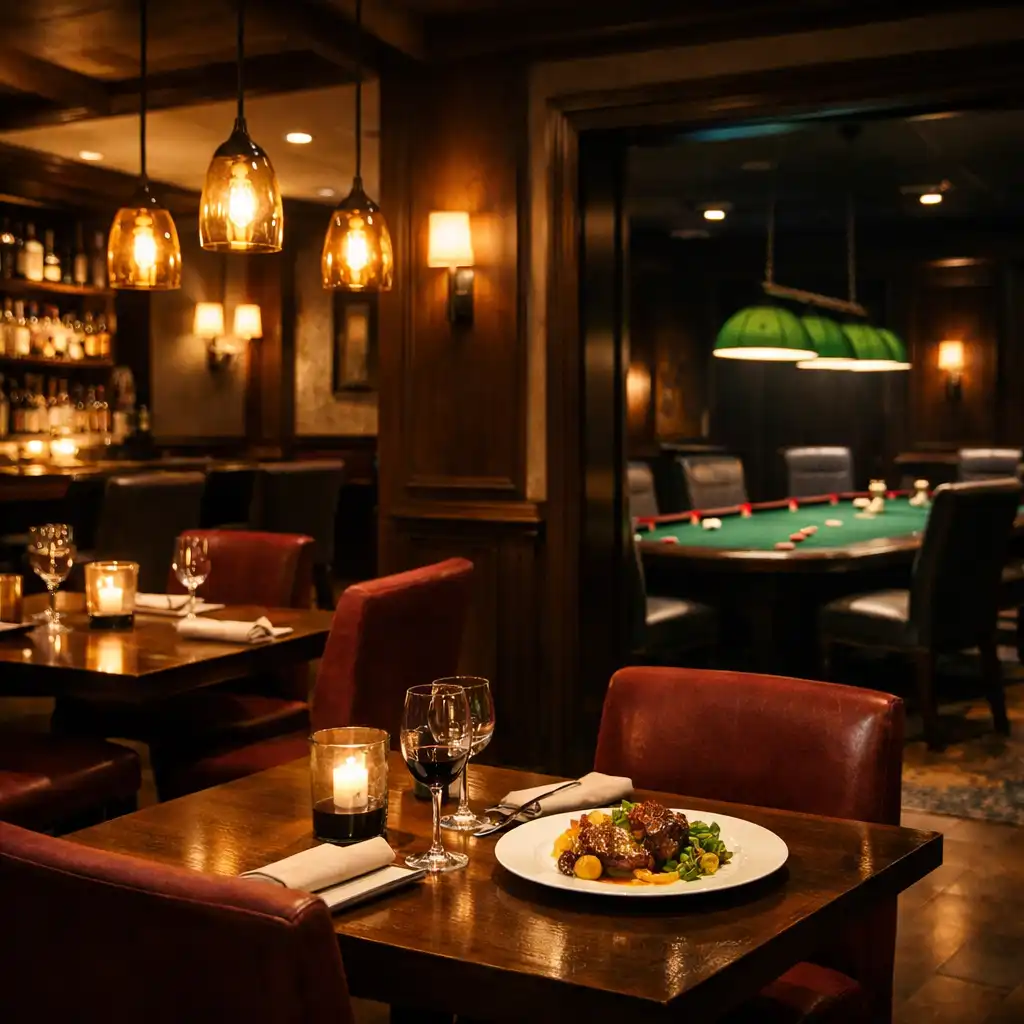 Warm restaurant dining room with dark wood tables and intimate lighting